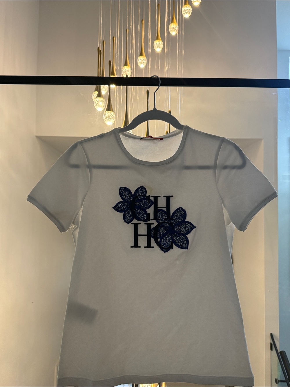 Carolina Herrera White Floral Logo Tee with Navy Embroidery